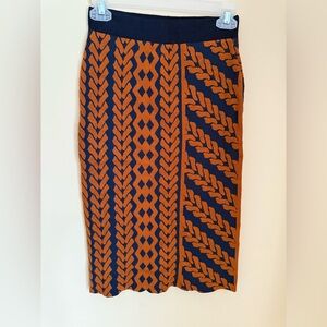 Anthropologie Maeve‎ Navy Blue Motif Orange Knit Knee Length Pencil Skirt Sz XS